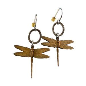 Vintage Dragonfly Dangle Earrings Antique Bronze & Silver Metal finely detailed